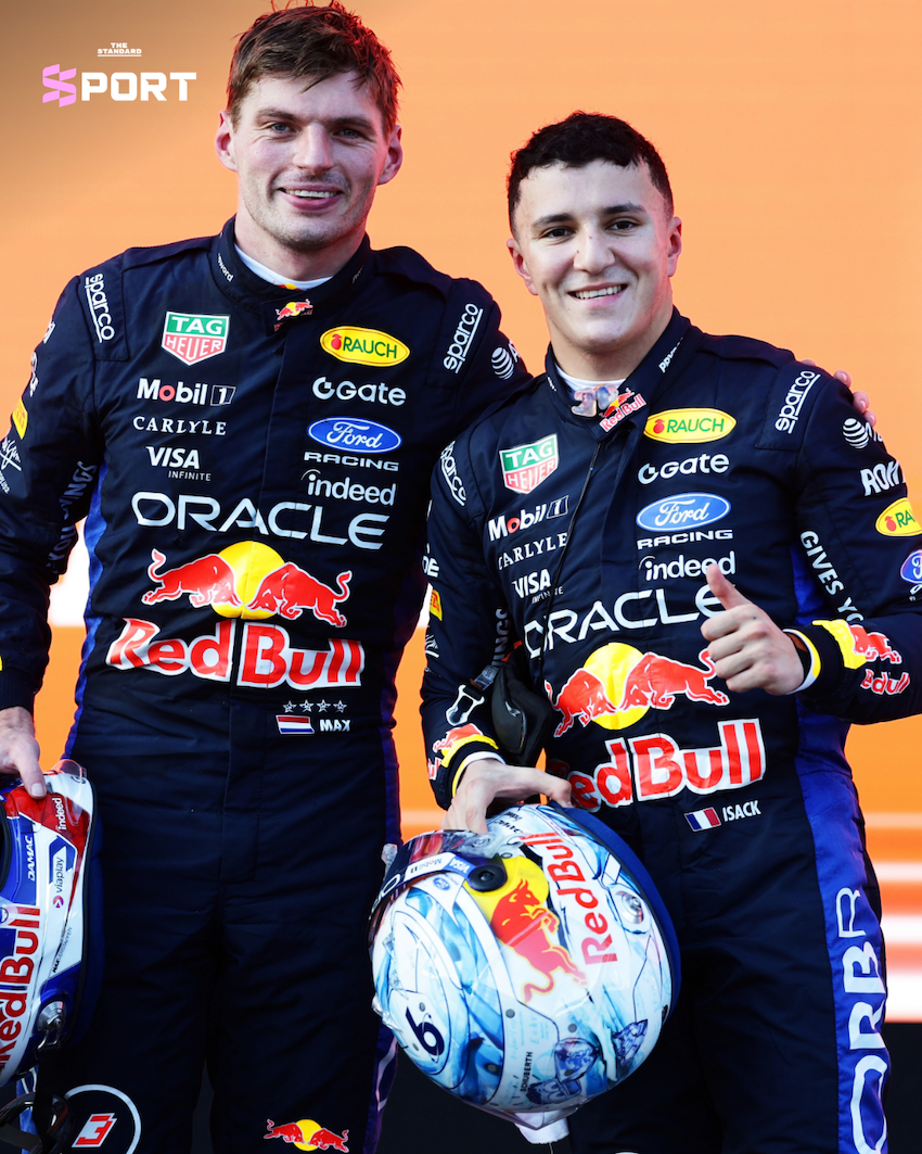 จอร์จ รัสเซลล์ นักแข่ง F1 กำลังฉลองชัยชนะในการแข่งขันอาเซอร์ไบจาน กรังด์ปรีซ์ 3