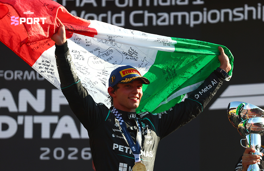 คิมี อันโตเนลลี นักขับ F1 ทีมเมอร์ซีเดส ฉลองชัยชนะหลังคว้าแชมป์อิตาเลียน กรังด์ปรีซ์ 5