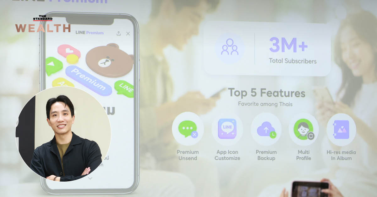 ภาพกราฟิกแสดงข้อมูลพฤติกรรมผู้ใช้ LINE ในไทย พร้อมรูปผู้บริหาร