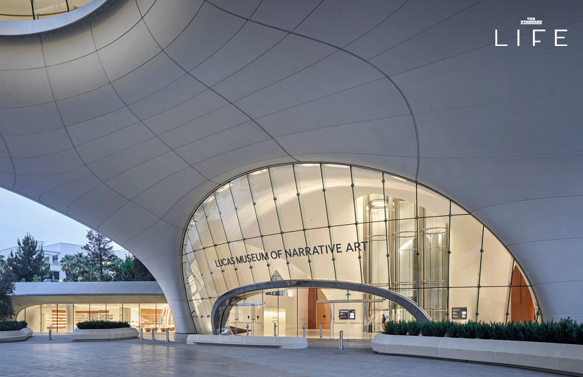 ภาพอาคาร Lucas Museum of Narrative Art ที่ลอสแอนเจลิส ซึ่งมีรูปทรงคล้ายก้อนเมฆหรือยานอวกาศ 2
