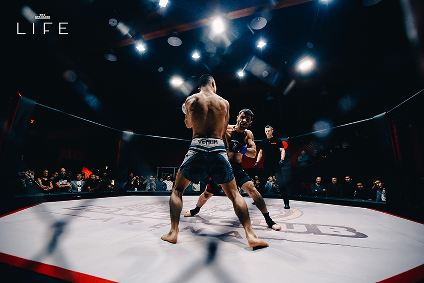 นักกีฬา MMA กำลังต่อสู้กันในสังเวียน 2