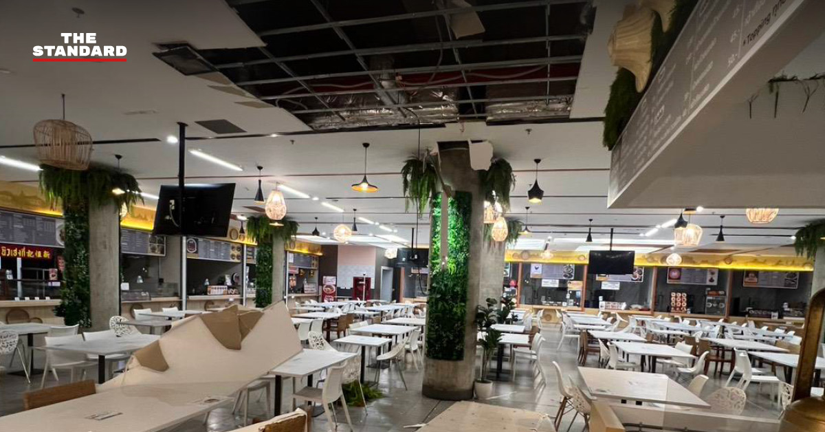 ภาพฝ้าเพดานโรงอาหารชั้น B2 ภายในอาคารรัฐสภาที่พังถล่มลงมา