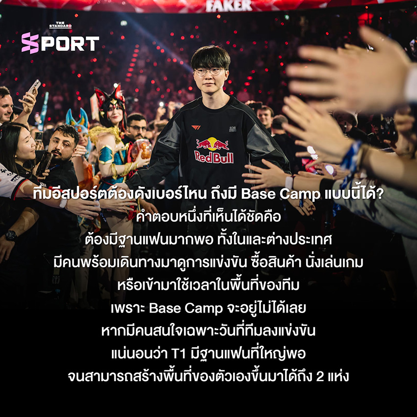 ภาพนักแข่งอีสปอร์ต T1 Faker ยืนอยู่หน้า T1 BASE CAMP BUSAN 6