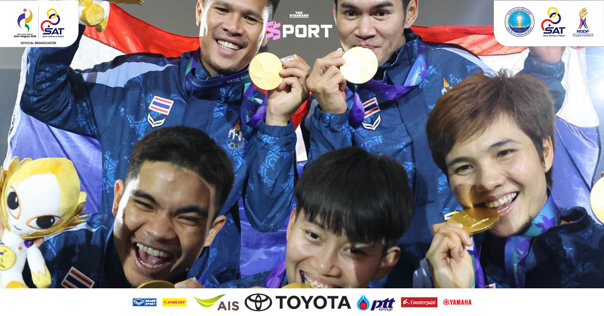 ภาพนักกีฬาเทคบอลไทยฉลองชัยชนะ 3 เหรียญทองในเอเชียนเกมส์