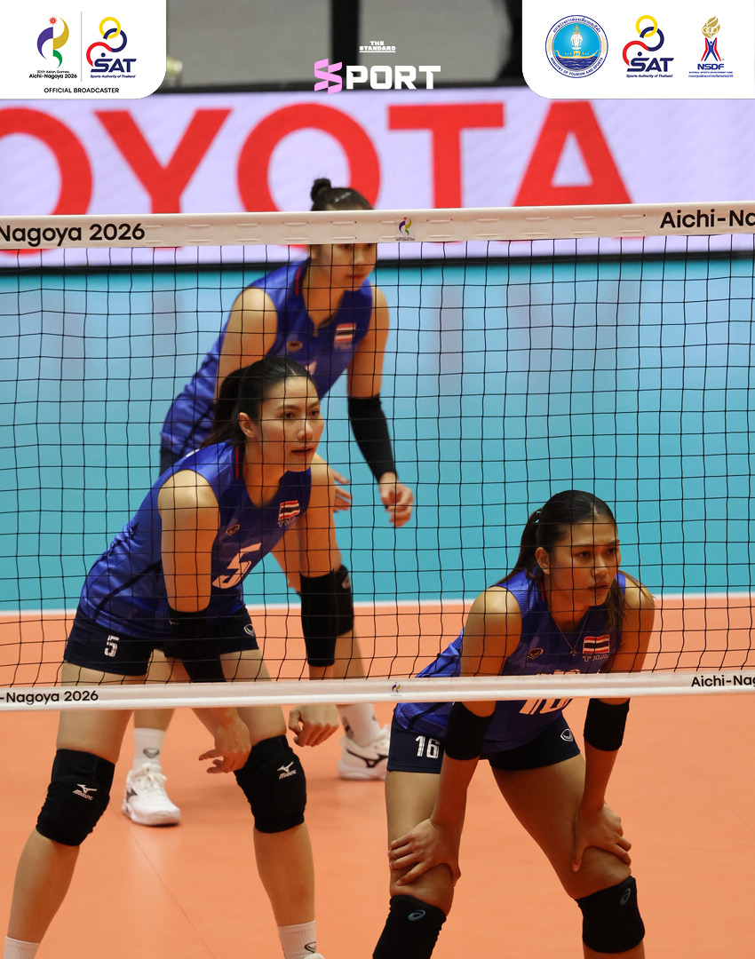 นักกีฬาวอลเลย์บอลหญิงทีมชาติไทยกำลังแข่งขันกับทีมคีร์กีซสถานในศึกเอเชียนเกมส์ 2026 7