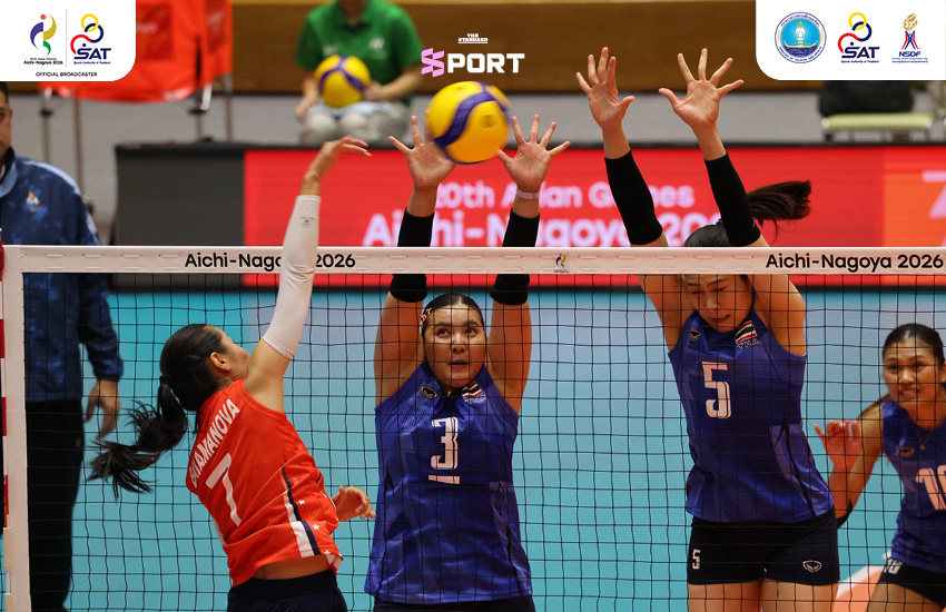 นักกีฬาวอลเลย์บอลหญิงทีมชาติไทยกำลังแข่งขันกับทีมคีร์กีซสถานในศึกเอเชียนเกมส์ 2026 8