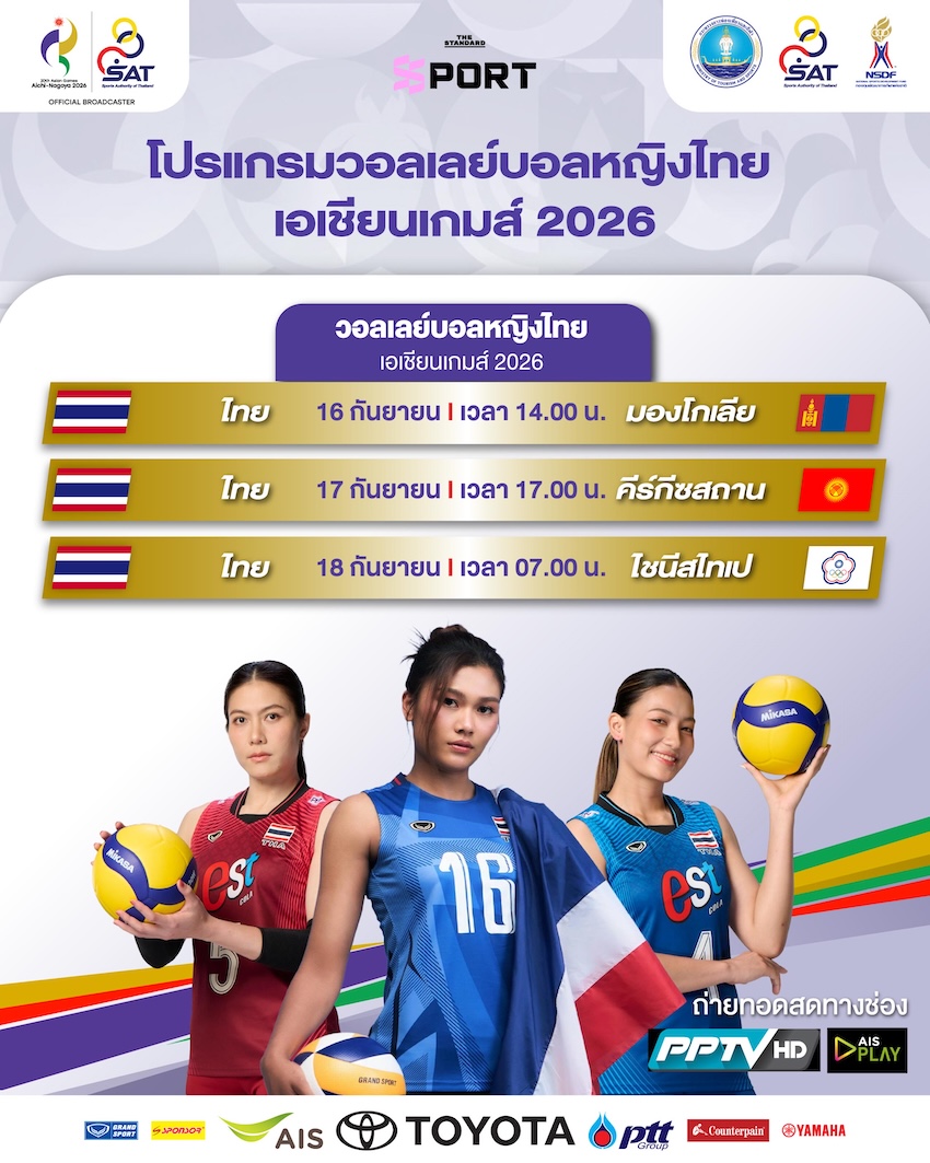 ภาพกราฟิกโปรแกรมการแข่งขันวอลเลย์บอลหญิงไทยในเอเชียนเกมส์ 2026 พร้อมรูปนักกีฬา 1
