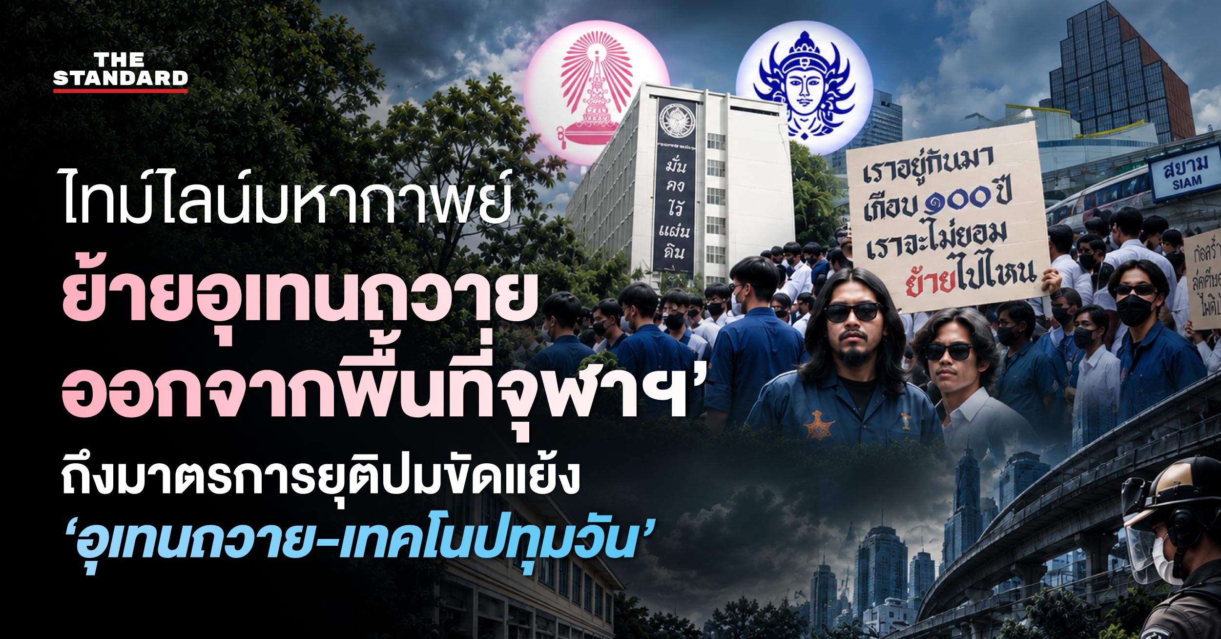 ภาพกราฟิกไทม์ไลน์แสดงข้อพิพาทการย้ายอุเทนถวายออกจากพื้นที่จุฬาลงกรณ์มหาวิทยาลัย พร้อมภาพการประท้วงและโลโก้สถาบัน