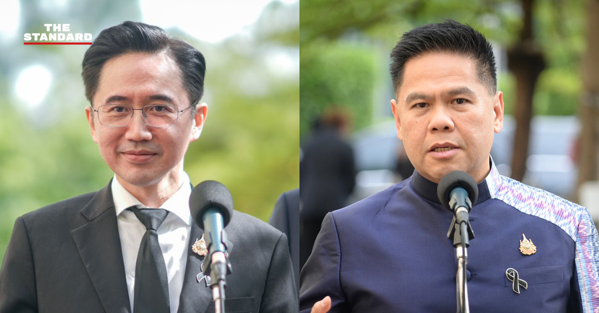 ภาพ ศ.ดร.ยศชนัน วงศ์สวัสดิ์ และ วราวุธ ศิลปอาชา ให้สัมภาษณ์สื่อ