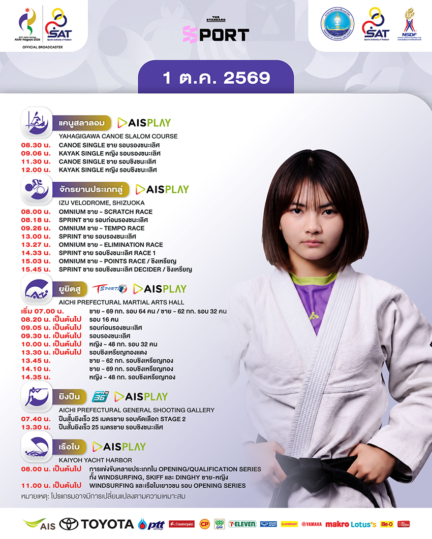 ภาพกราฟิกโปรแกรมการแข่งขันเอเชียนเกมส์ 2026 ของทัพนักกีฬาไทย ประจำวันที่ 1 ตุลาคม พร้อมรูปนักกีฬา 2
