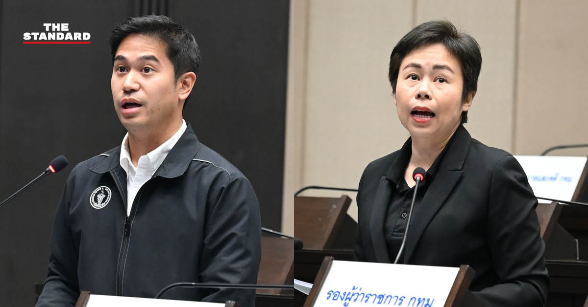 ภาพการประชุมสภากรุงเทพมหานครและเจ้าหน้าที่กำลังดำเนินการเก็บขยะหรือซ่อมแซมถนน