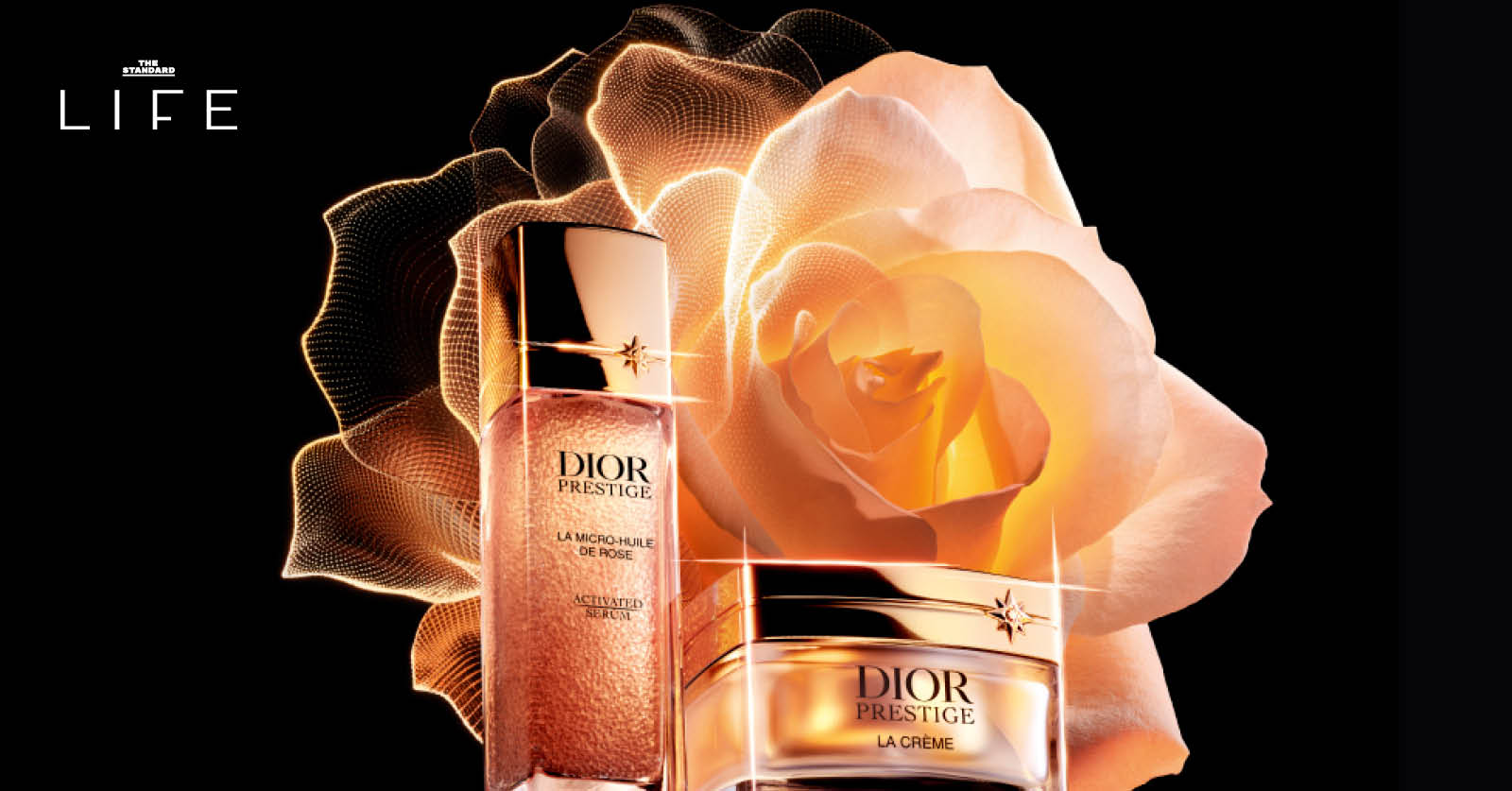 ภาพผลิตภัณฑ์ Dior Prestige La Crème พร้อมดอกกุหลาบ Rose de Granville สื่อถึงนวัตกรรมความงามเพื่อผิวอ่อนเยาว์