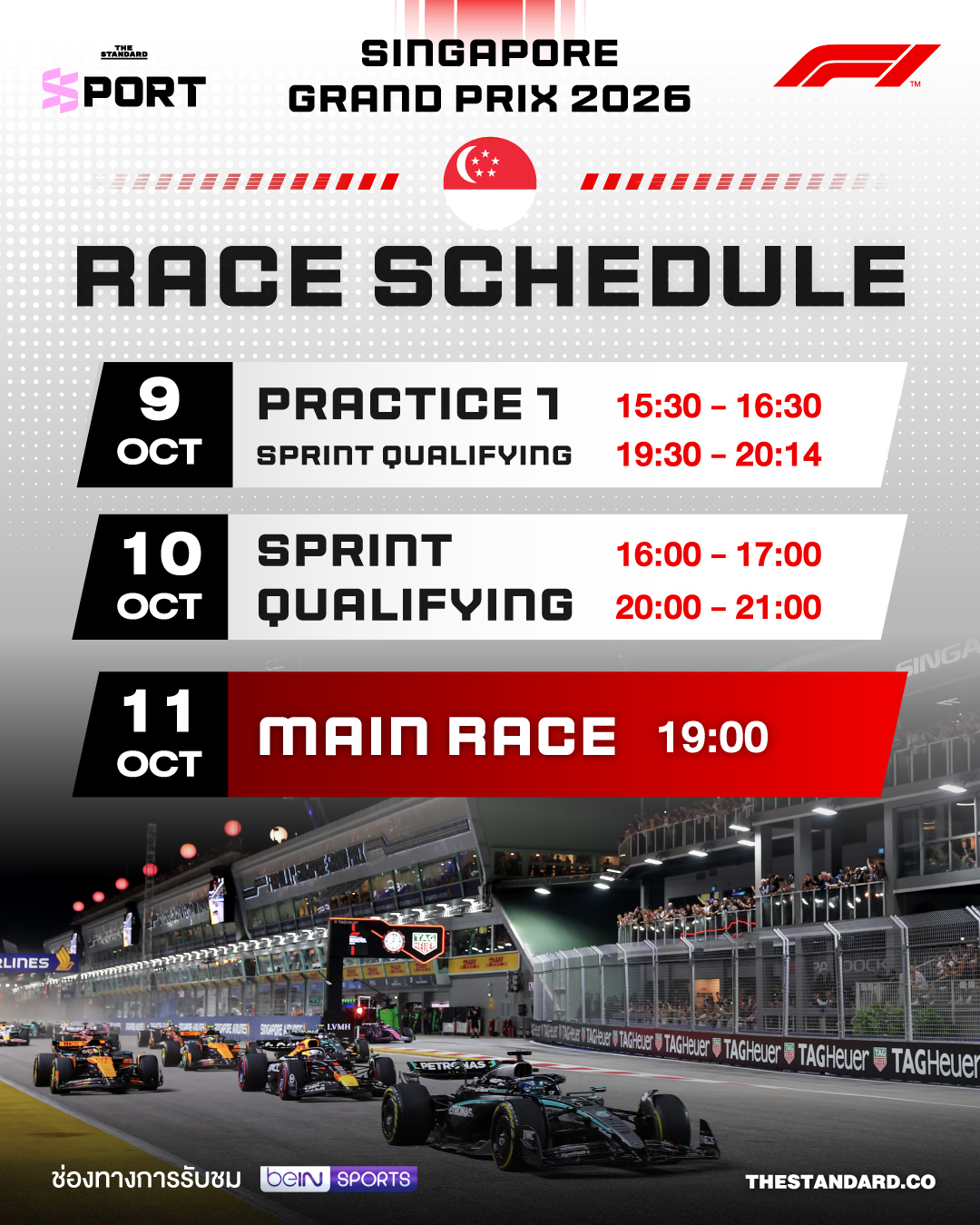 ภาพรถแข่ง F1 กำลังวิ่งในสนาม Marina Bay Street Circuit ในการแข่งขัน Singapore Grand Prix ยามค่ำคืน 1