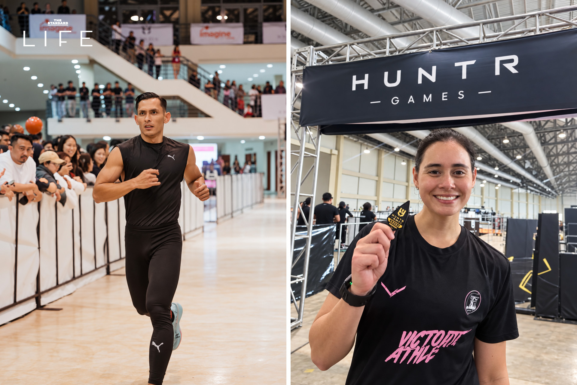 ภาพนักกีฬาชายสองคน Hong Beom-seok และ Amotti กำลังแข่งขันโดยใช้อุปกรณ์ถุงทรายในงาน HUNTR GAMES 1
