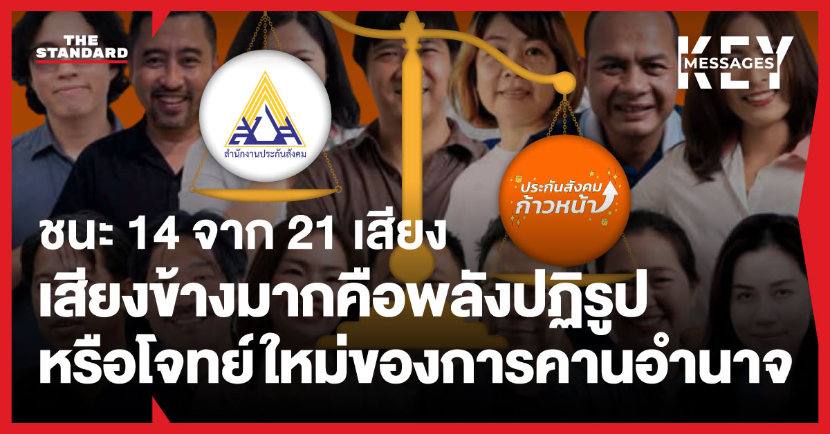 ภาพทีมประกันสังคมก้าวหน้า 14 คน บนพื้นหลังรูปตาชั่งที่เอียงไปฝั่งทีมประกันสังคมก้าวหน้า