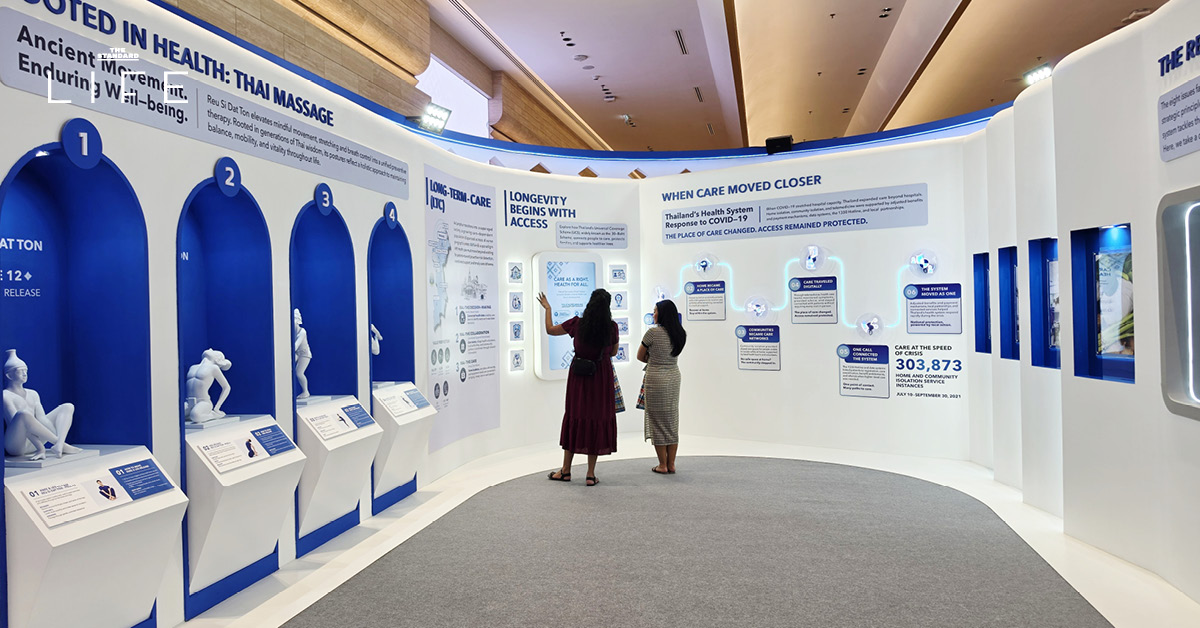 ภาพรวมบรรยากาศภายใน Longevity Pavilion ที่จัดแสดงนวัตกรรมเพื่อการมีชีวิตที่ยืนยาวของไทยในงาน IMF-World Bank Annual Meetings 2026
